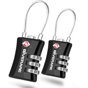 2 Pack TSA Approved Luggage Locks, Cable Suitcase Travel Lock Alloy, Set Your Own Combination Metal Zipper Padlock, 3-Digit Long Shackle Padlocks for Gym Locker, Golf Bag, Case Anti Theft-Black