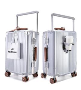 feilario 20" Aluminum Frame Wide Handle Hard Shell Carry On Suitcase - Vivid Colors Double Spinner Wheels Airline Approved Rolling Luggage with TSA Lock & Cup Holder (Silver, 20in)