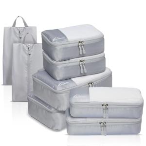 Packing Cubes for Travel, 8 Set Packing Organizers with Zipper Pulls and Mesh Top Panel - Light-weight Travel Cubes for Carry On and Suitcases, Light Gray