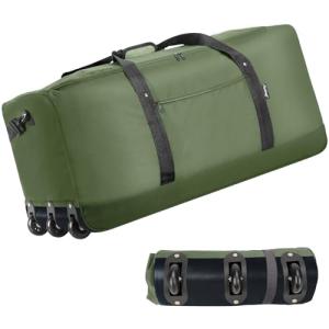 Finnhomy 120L Foldable Rolling Duffel Bag with 3 Wheels, Light Weight Travel Duffel bag with Large Loading Capacity, 32 inch Rolling Duffel bag with Shoulder Strap for Travel Camping Sports, Green