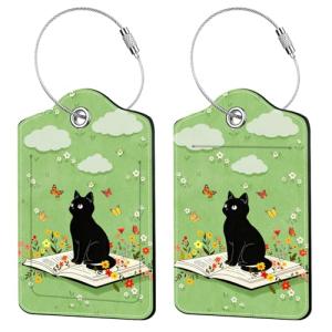 2 Pcs Cat with Book Luggage Tags for Suitcase, Leather Luggage Tags Cute, Privacy Cover ID Label with Stainless Steel Loop & Address Card, Black Cat Travel Bag Tag Luggage Accessories for Suitcases