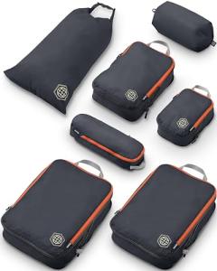 Large Compression Packing Cubes for Travel-Packing Cube Luggage Organizers 7 Piece Set for Checked Luggage-Ultralight, Expandable/Compression Bags by TRIPPED Travel Gear (Grey/Orange)