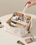 EACHY Travel Makeup Bag, Large Capacity Cosmetic Bags for Women, Waterproof Portable Pouch Open Flat Toiletry Bag Pattern Make up Bag (F-Beige)