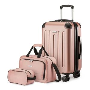Amazon Basics 3-Piece Luggage Set, Including One Carry-On Luggage (22" Expandable Hardside Suitcase With 8 Spinner Wheels), One 15-inch Tote Bag, and One 10-inch Compact Travel Bag, Rose Gold
