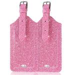 ACdream Luggage Tags 2 Pack, Leather Suitcase Tags Identifiers, Cute Cruise ID Labels with Privacy Cover fits on Backpack, Travel Bag, for Women, Men, Adults, Kids, Glitter Pink