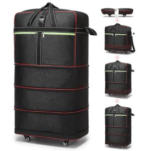 Foldable Duffel Bag,Large Expandable Rolling Travel Duffle Bag with Wheels Waterproof Collapsible Luggage Carry on Duffel Bag with Wheels and Handle, Black