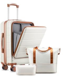 Carry On Luggage with Laptop Compartment, H1F 22x14x9 Airline Approved Front Pocket Hardside Suitcase with Spinner Wheels, TSA Lock, Includes Tote Bag（FX-Lite,Beige,3 Piece Sets）