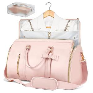 Garment Bags for Travel, Convertible Suit Travel Bag for Women, Stylish Carry On Garment Bag with Toiletry Pocket, Shoulder Strap and Shoes Compartment, 2 in 1 Foldable PU Leather Duffle Bag, Pink