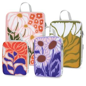 Gonex Compression Packing Cubes, 4pcs Expandable Storage Travel Luggage Bags Organizers, Travel Cubes for Suitcase Carry On (Flowers)