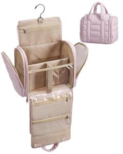 BAGSMART Hanging Toiletry Bag with Removable Partition, Puffy Water-resistant Fabric, Cosmetic Bag Makeup Bag for Full Sized Toiletries, Nude Pink
