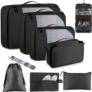 Toncoke 8-Piece Packing Cubes for Travel, Mesh Luggage Organizers with Shoe Bag, Toiletry Bag, Laundry Pouches, 4 Sizes (XL/L/M/S) for Suitcase Organization, Men Women Kids, Black