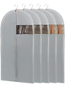 Perber 43" Garment Bags for Hanging Clothes, Suit Bags for Closet Storage and Travel, Grey Suit Cover Bags with Clear Window for Coats, Jackets, Shirts (5 Packs)