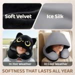 Mewaii Travel Neck Pillow with Hood for Airplanes,Memory Foam,Breathable Ice Silk & Soft Velvet,Double-Sided,Removable to Clean,Adjustable Strap,Portable Travel Pillow for Long Flights Adults & Teens