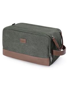 WANDF Toiletry Bag for Men Travel Toiletry Organizer Canvas and Leather Dopp Kit Water-Resistant Shaving Bag for Travel Accessories (Green, Large)