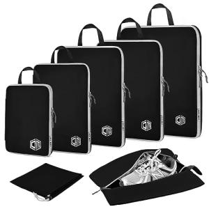 Dec-Mec 7Set Ultralight Nylon Compression Packing Cubes Expandable Packing Organizers for Carry on suitcase, Compression Cubes with Shoe Bag for Travel Accessories Luggage(black)…