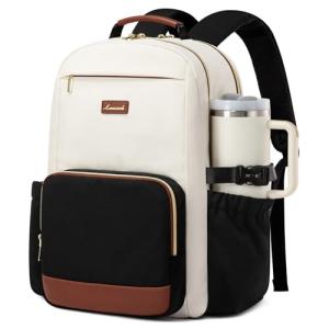 LOVEVOOK Laptop Backpack for Women with Pouch Pocket for Large Capacity Cup,17 Inch Laptop Computer Bag Travel Backpack Purse,Waterproof Work Business Backpack College Teacher Bags,Beige-Black-Brown