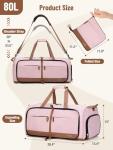 Lekesky Foldable Travel Duffel Bag for Women, 80L Large Duffle Bag with Separate Shoes Compartments & Straps, Carry On Weekend Bag for Women, Hospital, Overnight(Pink)