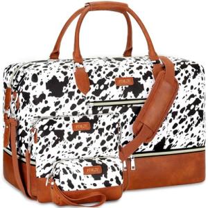 Weekender Bag for Women, Travel Duffel Bag Carry On Overnight Bag with Shoe Compartment Large Nylon Travel Weekend Tote Bag, 5-Black Cow