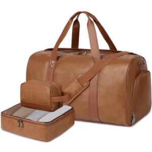 Wogarl 3PCS Leather Weekender Bag for Women Men Large Overnight Duffel Bag with Shoe Compartment Toiletry Packing Cube Carry On Bag Fit 21" Laptop (Light Brown)