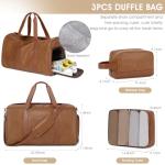 Wogarl 3PCS Leather Weekender Bag for Women Men Large Overnight Duffel Bag with Shoe Compartment Toiletry Packing Cube Carry On Bag Fit 21" Laptop (Light Brown)