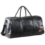 Leather Travel Bag with Shoe Pouch, Waterproof Weekender Overnight Bag, Carry On Duffel Bag for Men Women-Black