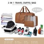 Wogarl 3PCS Leather Weekender Bag for Women Men Large Overnight Duffel Bag with Shoe Compartment Toiletry Packing Cube Carry On Bag Fit 21" Laptop (Light Brown)
