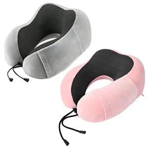 urnexttour Neck Pillow Airplane-2 Pack Memory Foam Travel Pillow, Soft Support Travel Neck Pillow for Travelling, Sleeping Rest, Car, Train and Home Use (Grey&Pink)
