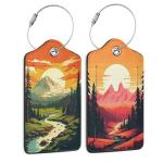 Vintage Mountain 2 Pack Luggage Tag for Suitcase, Cute Unique Leather Bag Tags Identifiers Privacy Cover ID Label with Durable Steel Loop for Women Men Kids Girls Travel