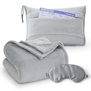 Bedsure Travel Blanket Airplane Compact with Storage Bag, Packable Blanket with Eye Mask, Lightweight 2-in-1 Travel Essentials, Functioned as Pillow for Airplane Comfort and Warmth, Grey