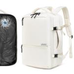 Dinictis Vacuum Seal Travel Backpack 60L Built-in Pump, Expandable Backpack with Vacuum Compression Fits 17 inch Laptop, Water Resistant Carry On Suitcase Luggage for Short Trip and Business-Beige