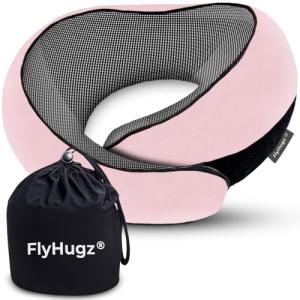 FlyHugz® Neck Travel Pillow | Memory Foam Neck Pillow for Comfort on Airplane | Compact and Ergonomic Design for Travel, Car Rides, and Home Use | Ideal for Adults and Kids (Pink)