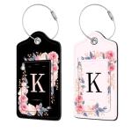 2 Pcs PU Leather Luggage Tag for Suitcases with Privacy Shield and Name ID Tag Address Card Travel Cruise Luggage Tag, Suitable for Men and Women Baggage Handbag Backpack,Flower and Monogram(Letter K