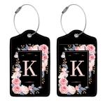 2 Pcs PU Leather Luggage Tag for Suitcases with Privacy Shield and Name ID Tag Address Card Travel Cruise Luggage Tag, Suitable for Men and Women Baggage Handbag Backpack,Flower and Monogram(Letter K