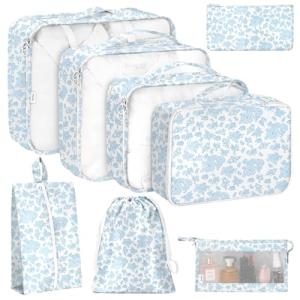 8 Set Packing Cubes for Travel, Luggage Packing Organizers Accessories Large Toiletries Bag for Clothes Shoes Cosmetics (Blue Flower)