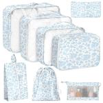 8 Set Packing Cubes for Travel, Luggage Packing Organizers Accessories Large Toiletries Bag for Clothes Shoes Cosmetics (Blue Flower)