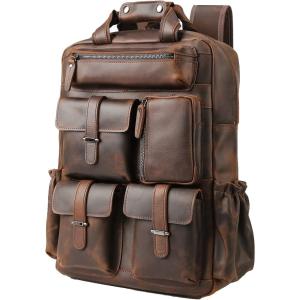 Masa Kawa Leather Backpack for Men Vintage 15.6 Inch Laptop Bag Multi Pockets Casual Travel Daypack Brown