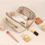 Prite Makeup Bag for Women Travel Waterproof Vegan Leather Cosmetic Bag Open Flat Toiletry Bag With Clear Divider and Handle (Beige)