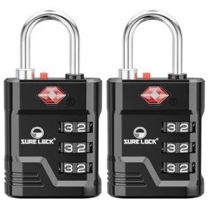 SURE LOCK TSA Locks for Luggage, TSA Approved Luggage Locks with Open Alert, 008 Key for High Security, Easy Read Dials, Zinc Alloy Body, Locker Lock for Suitcase, Gym, Travel. (Black 2 pk)