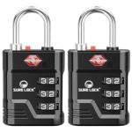 SURE LOCK TSA Locks for Luggage, TSA Approved Luggage Locks with Open Alert, 008 Key for High Security, Easy Read Dials, Zinc Alloy Body, Locker Lock for Suitcase, Gym, Travel. (Black 2 pk)