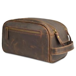 LEATHER VILLAGE Premium Leather Toiletry Travel Pouch With Waterproof Lining - Brown | King-Size Handcrafted Vintage Dopp Kit Bag, Shaving & Bathroom Organizer, Gift for Men & Women
