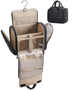 BAGSMART Travel Toiletry Bag with Removable Partition, Puffy Water-resistant Fabric Hanging Organizer for Full-Size Toiletries, Accessories, Black