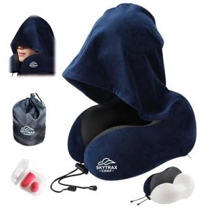 Travel Pillow with Extra Large Hood for Airplane Long Flights Privacy and Comfort Memory Foam with Velvet Cover for Road Trip Head&Neck Support for Plane Office Cars Sleeping & Rest (Navy Blue)