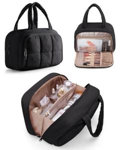 Marscamd Travel Toiletry Bag for Women with Hanging Hook, Water Resistant Puffy Makeup Organizer with Leak Proof Pockets for Toiletries and Cosmetics - Black (Bag Only)