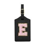 Initial Luggage Tag, PU Leather Luggage Tag, Embroidered Luggage Tag, Letter Luggage Tag, Monogrammed Luggage Tag, Luggage Tag for Baggage Bag Suitcase (E, Black Leather+Pink Letter)