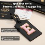Initial Luggage Tag, PU Leather Luggage Tag, Embroidered Luggage Tag, Letter Luggage Tag, Monogrammed Luggage Tag, Luggage Tag for Baggage Bag Suitcase (E, Black Leather+Pink Letter)