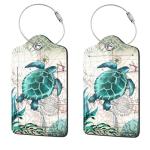 2 Pcs Luggage Tags for Suitcase, Cute Unique PU Leather Travel Bag Tag with Privacy Cover ID Label Address Card and Durable Metal Ring Suitable for Men Women Children Backpack, Turtles