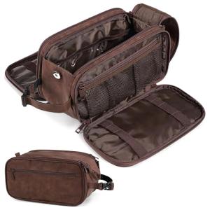 PAVILIA Large Toiletry Bag for Men Women, Mens Travel Bag Toiletries Organizer Case for Grooming, Travel Essentials Shaving Dopp Kit, PU Leather Water Resistant Cosmetic Pouch, Dark Brown