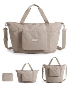 BAGSMART Foldable Travel Bag, 37L Duffle Bag for Travel, Expendable Carry on Weekender Duffel, Lightweight Personal Item Bag, Camel