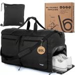 Bago Large Foldable Duffel Bags for Traveling Women & Men - 80L Packable Duffle Bag for Travel with Shoe Compartment - Water Repellant, Heavy Duty, Lightweight Folding & Collapsible (All Black)