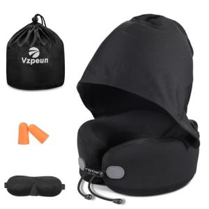 Vzpeun Neck Pillow for Travel - Hooded Memory Foam Plane Pillow for Airplane, Office, Cars Sleeping, Long Flight Must Haves, Portable Road Trip Essentials for Adults Black